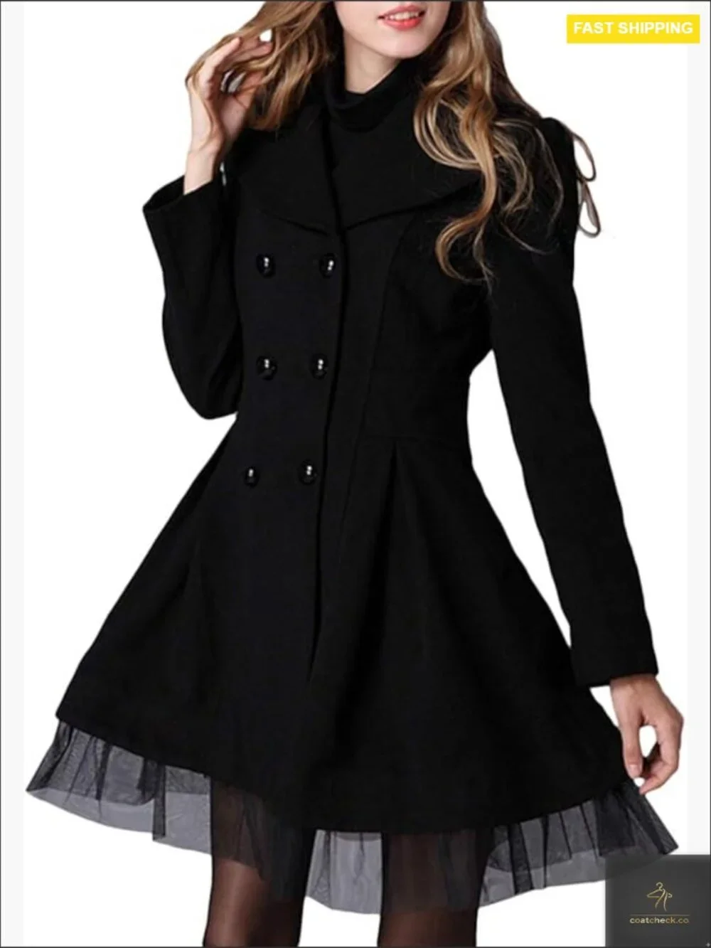 Long Wool Blend Pea Coat Double Breasted Sheer Mesh Hem Elegant Trench